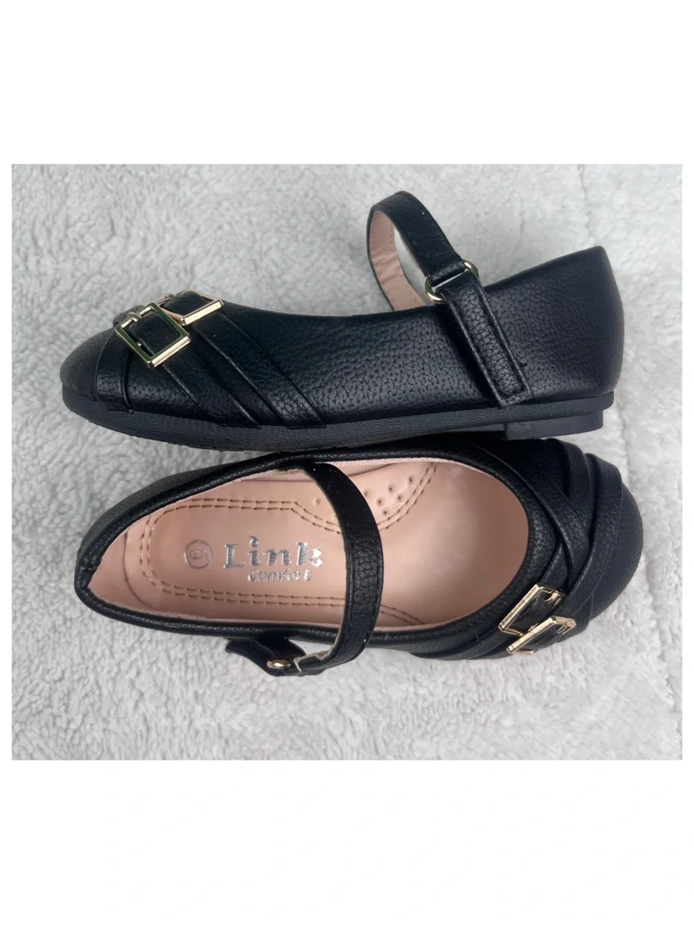Link Comfort Baby Size 6 Black Mary Jane Shoes with Gold Buckles